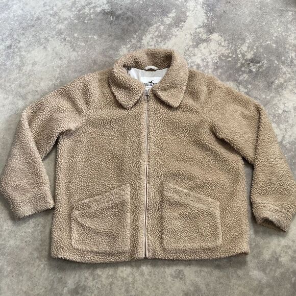 Hollister Coat Women Sz Large Collared Teddy Pockets Zip Closure Short Tan Brown - Picture 1 of 7
